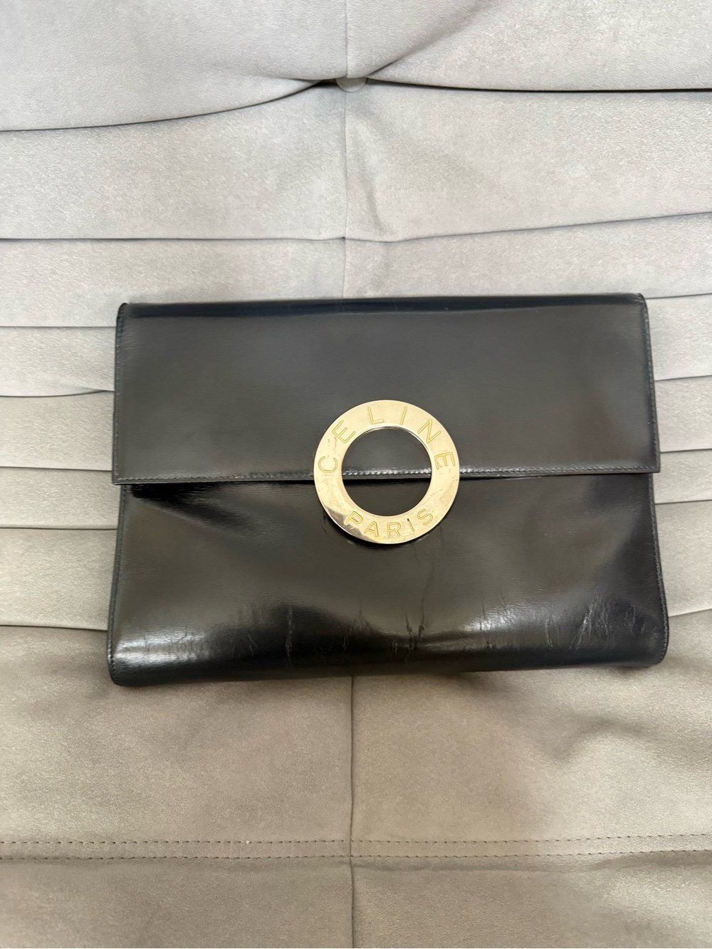 CELINE Black Leather Clutch with Gold Logo Ring vintage